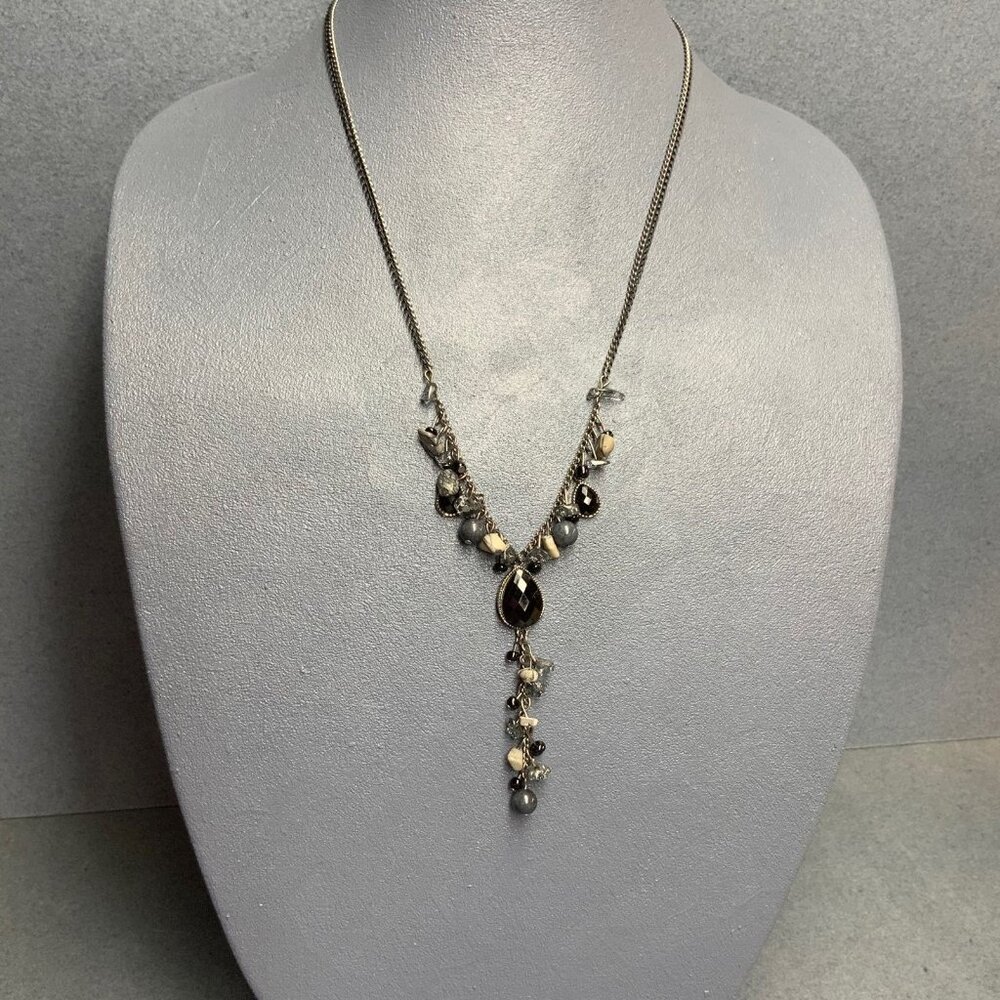 Y-Drop Stone Necklace 22 In Double Silver Black Faceted Teardrop Gray Marbled